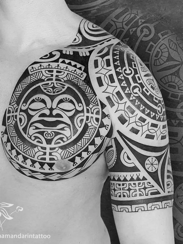 male black and grey tribal tattoo on chest #53821 | Tattoo Artist Марина Мандарин