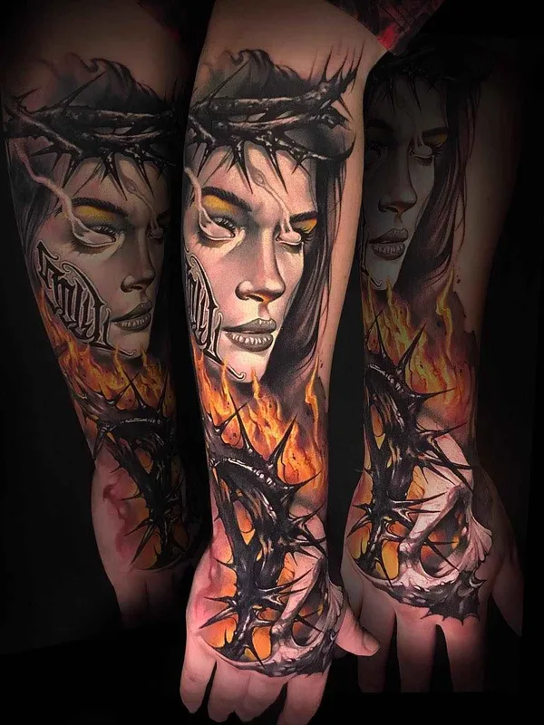 female color realism tattoo on full sleeve #14511 | Tattoo Artist Benjamin Laukis