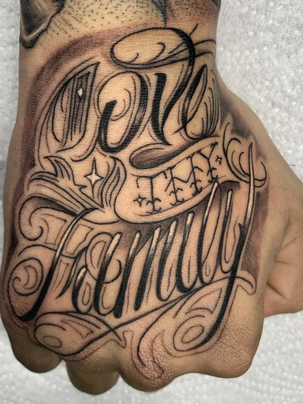black and grey lettering татуировка на hand #36843 | Тату мастер Галиняк Оксана 
