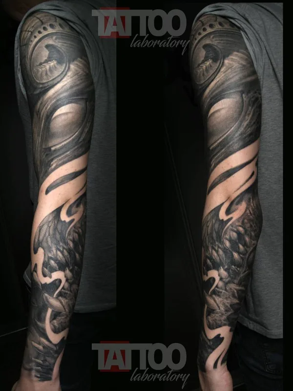 black and grey black and grey tatouage sur full sleeve #31810 | Artiste tatoueur Max Drugger