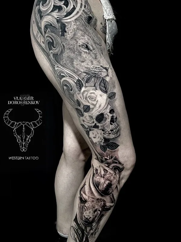 female black and grey realism татуировка на thigh #72499 | Тату мастер Владимир Дорошенков