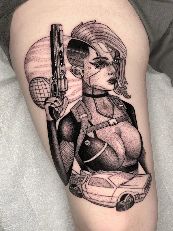 female black and grey black and grey tatuaje en thigh #42538 | Tatuador Zach Donn