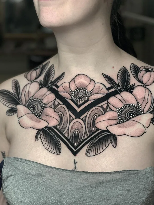 female black and grey botanic tatuaje en chest #42539 | Tatuador Zach Donn
