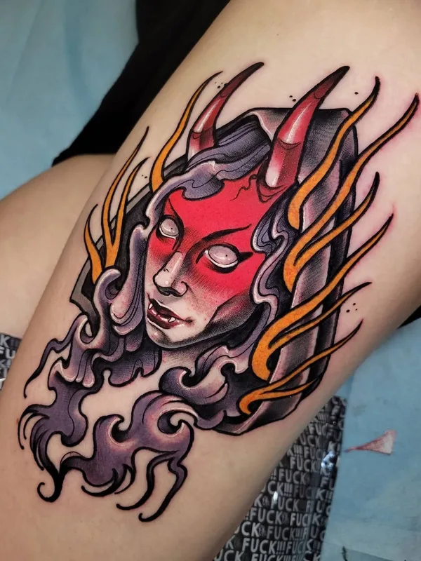 color neo traditional tatouage sur thigh #42551 | Artiste tatoueur Shannon Gamerl