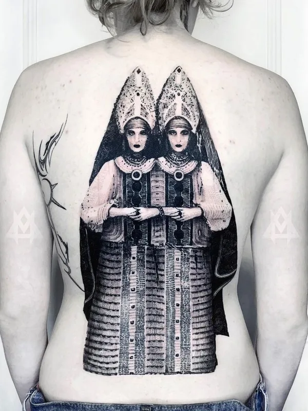 female black and grey black and grey tattoo on upper back #43311 | Tattoo Artist Дмитрий Маринченков