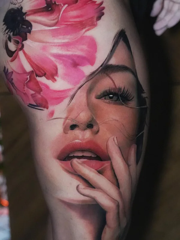 female color realism tattoo on thigh #59859 | Tattoo Artist Daniel Luzardo