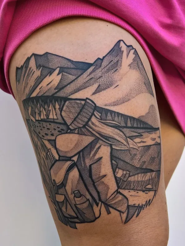 black and grey geometric tatuaje en thigh #46120 | Tatuador Krzysztof Futro