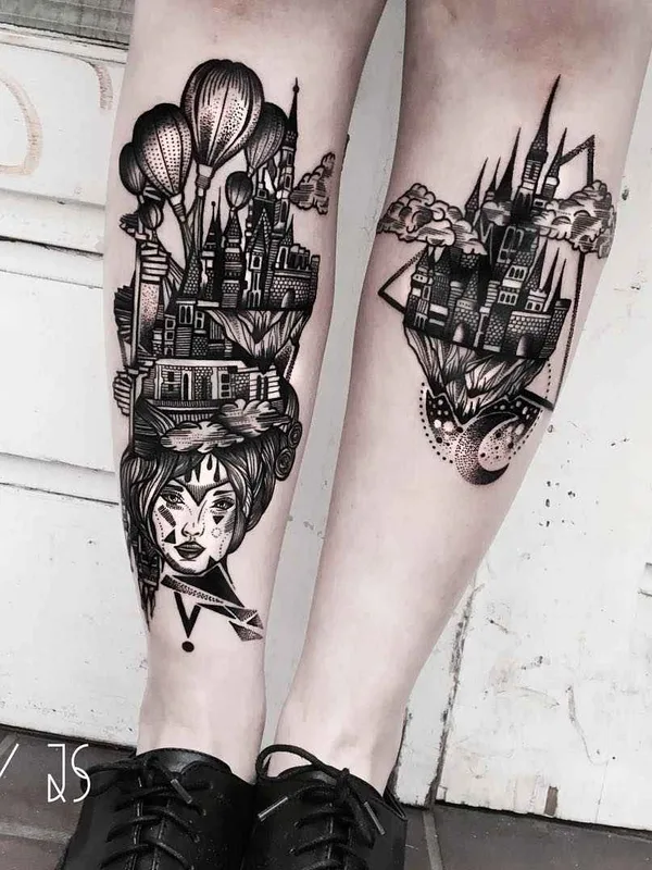 female black blackwork tatouage sur calf #16342 | Artiste tatoueur Jessica Svartvit