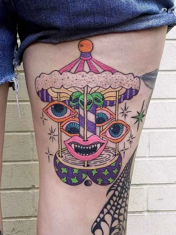 color illustrative tattoo on thigh #13500 | Tattoo Artist Roman Shcherbakov