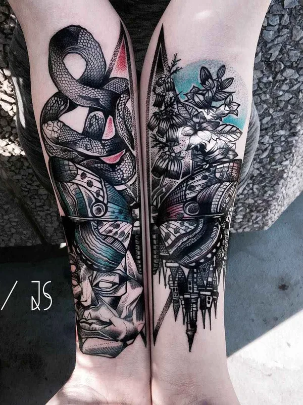 black and grey illustrative tatouage sur forearm #16345 | Artiste tatoueur Jessica Svartvit