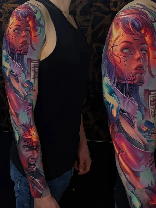color cyber Tatuagem em full sleeve #49048 | Tatuador Александр Колбасов