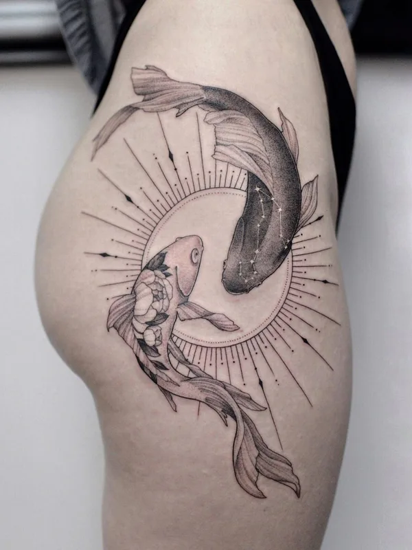 female black and grey fineline Tatuagem em thigh #49065 | Tatuador Vanilla Green