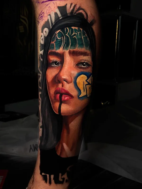 female color realism tattoo on calf #49116 | Tattoo Artist Владимир Цыцов