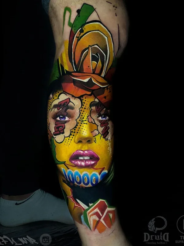 female color pop art tattoo on calf #49124 | Tattoo Artist Владимир Цыцов