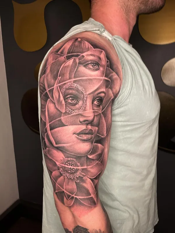 male black and grey realism татуировка на full sleeve #63081 | Тату мастер Rasty Knayles