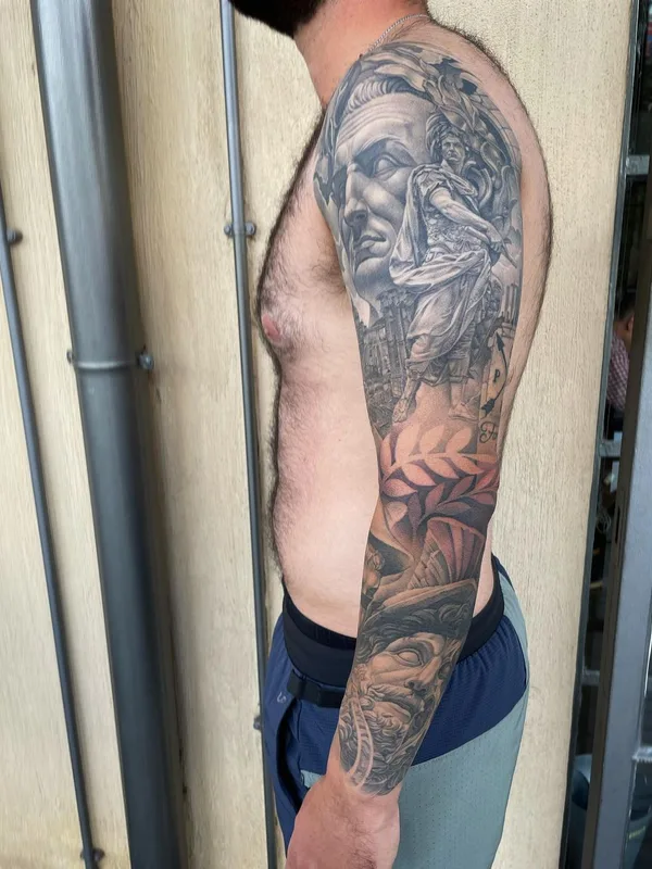 male black and grey realism татуировка на full sleeve #63088 | Тату мастер Rasty Knayles