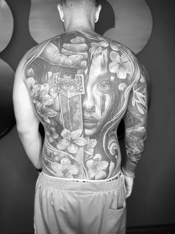male black and grey realism татуировка на full back #63086 | Тату мастер Rasty Knayles
