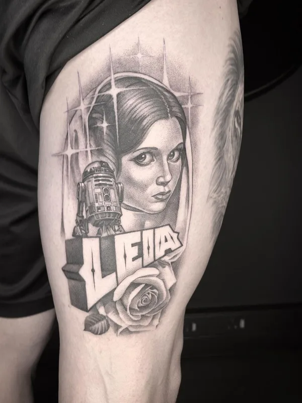 black and grey realism татуировка на thigh #63083 | Тату мастер Rasty Knayles
