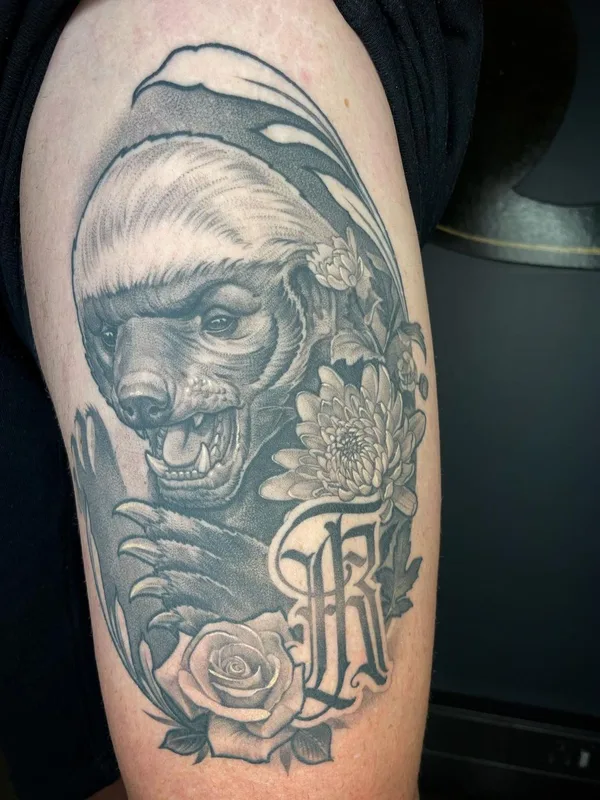 black and grey realism татуировка на bicep #63085 | Тату мастер Rasty Knayles