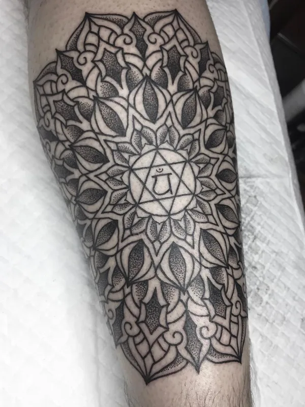 black and grey mandala tattoo on calf #63102 | Tattoo Artist Jon James Case