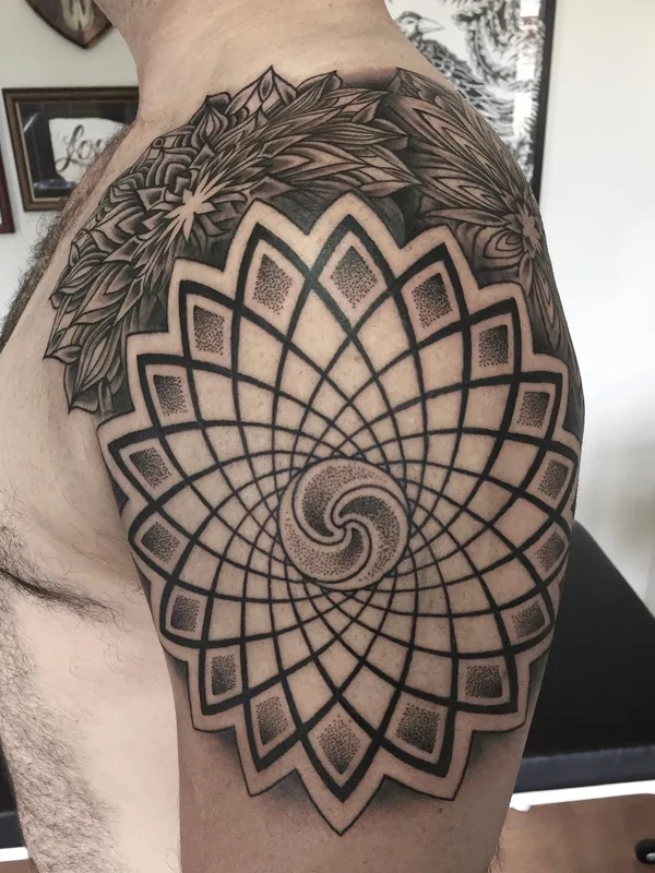 male black and grey geometric tattoo on shoulder #63104 | Tattoo Artist Jon James Case