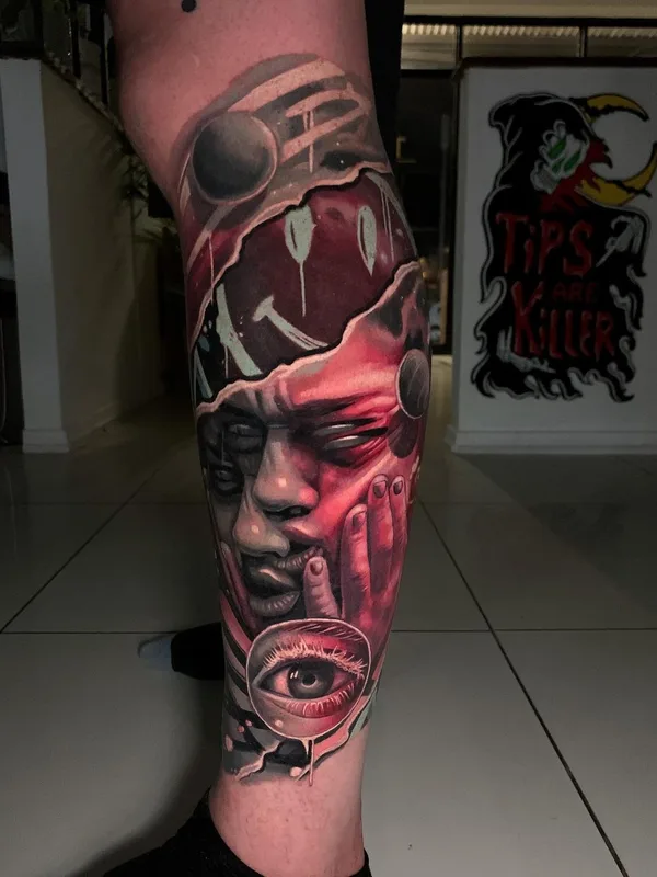 color surrealism татуировка на calf #63119 | Тату мастер Callum Els