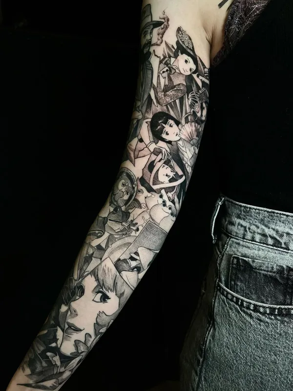 black and grey illustrative татуировка на full sleeve #52347 | Тату мастер Александр Беляев