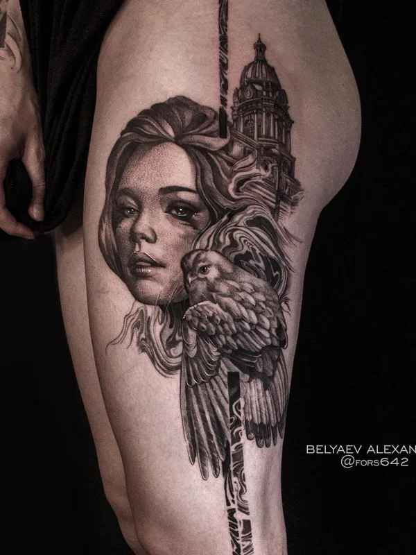female black and grey realism татуировка на thigh #52338 | Тату мастер Александр Беляев