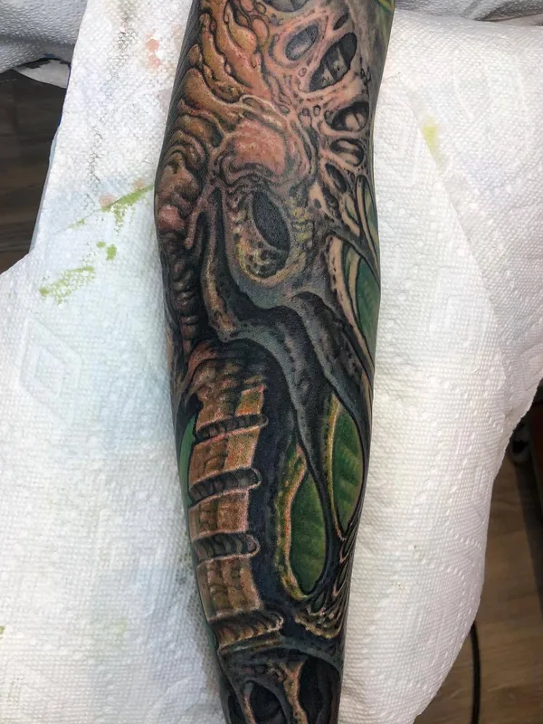 color biomechanical tattoo on forearm #29217 | Tattoo Artist Guy Aitchison