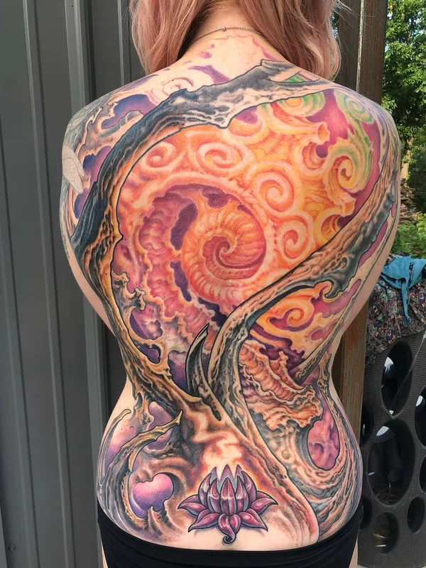 female color abstract tattoo on full back #29211 | Tattoo Artist Guy Aitchison