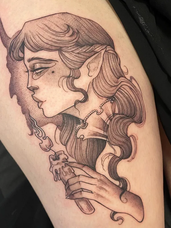 female black and grey blackwork татуировка на thigh #65455 | Тату мастер Skunkzzy