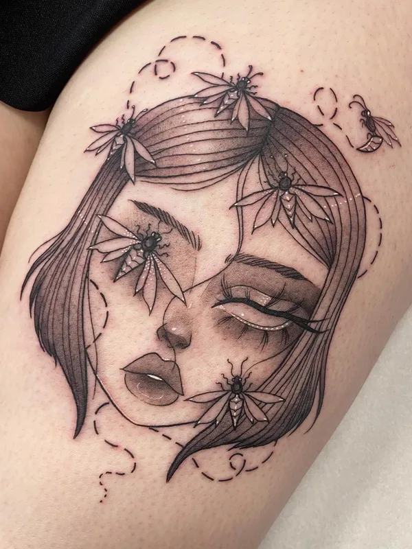 female black and grey illustrative татуировка на thigh #65452 | Тату мастер Skunkzzy