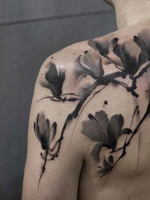 female black watercolor татуировка на back, shoulder #14333 | Тату мастер Chen Jie