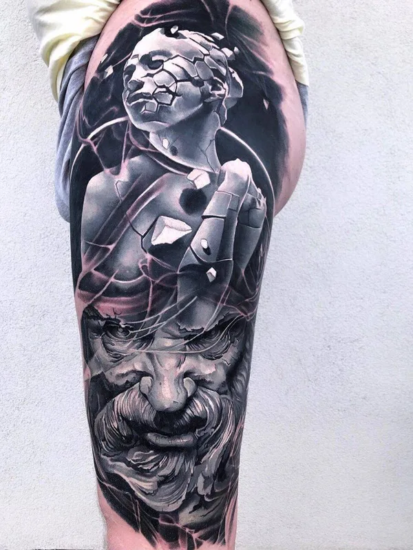 black and grey realism tattoo on thigh #32600 | Tattoo Artist Tomas Šaray