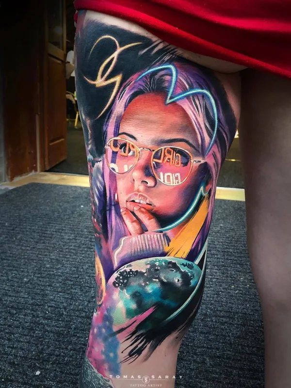 female color realism tattoo on thigh #32596 | Tattoo Artist Tomas Šaray