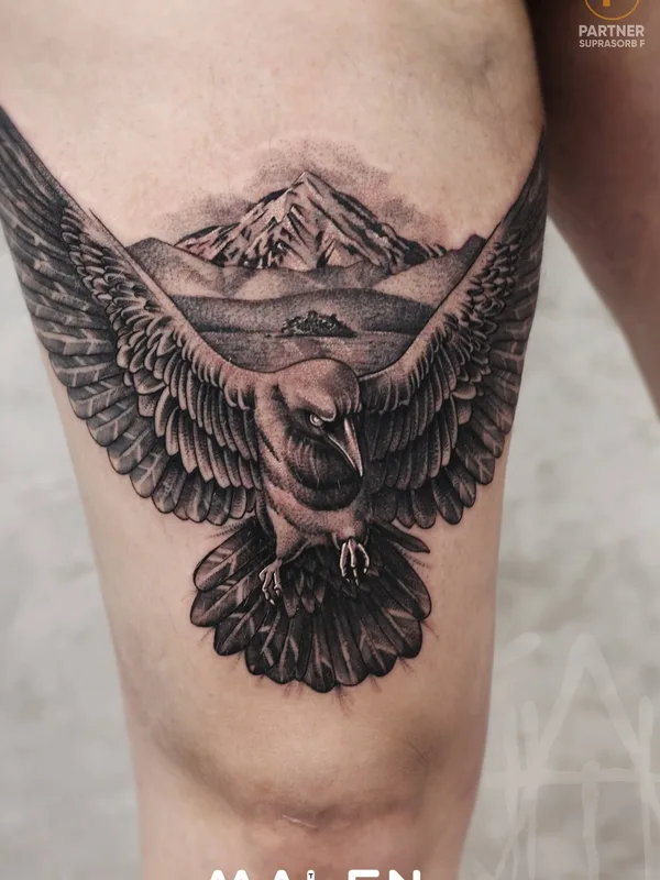 black and grey realism татуировка на thigh #33055 | Тату мастер Антон Поплавский