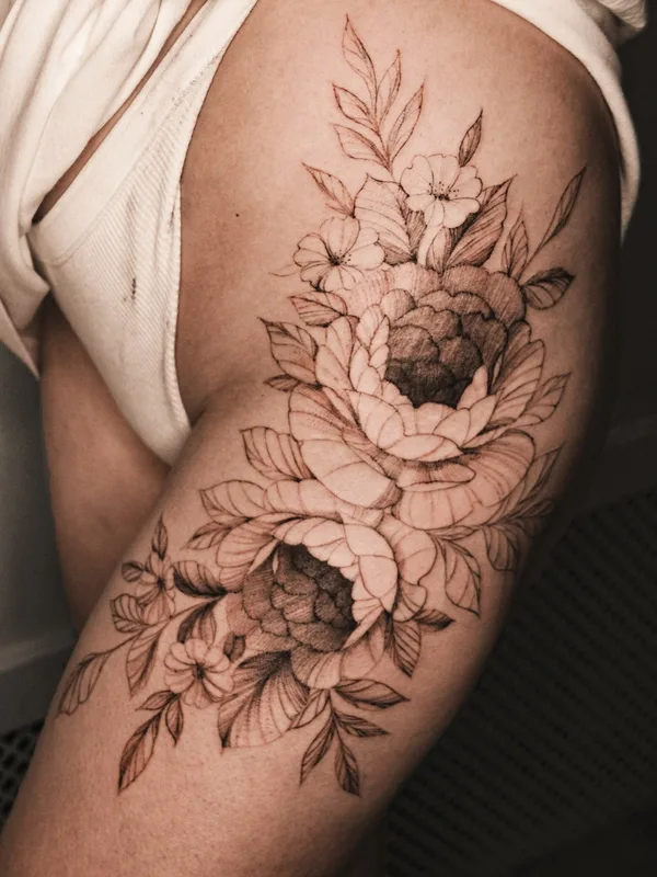 female black and grey botanic tattoo on thigh #46143 | Tattoo Artist Миша Тигл 