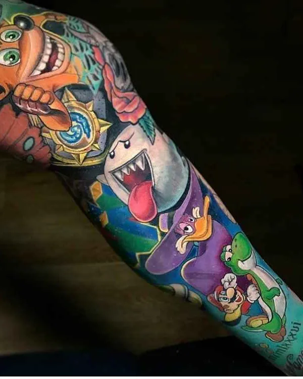 color cartoon татуировка на full sleeve #17423 | Тату мастер Derek Turcotte