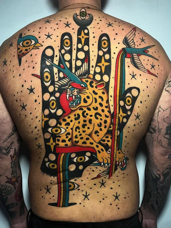 male color neo traditional tattoo auf full back #63207 | Tätowierer Christopher Scott