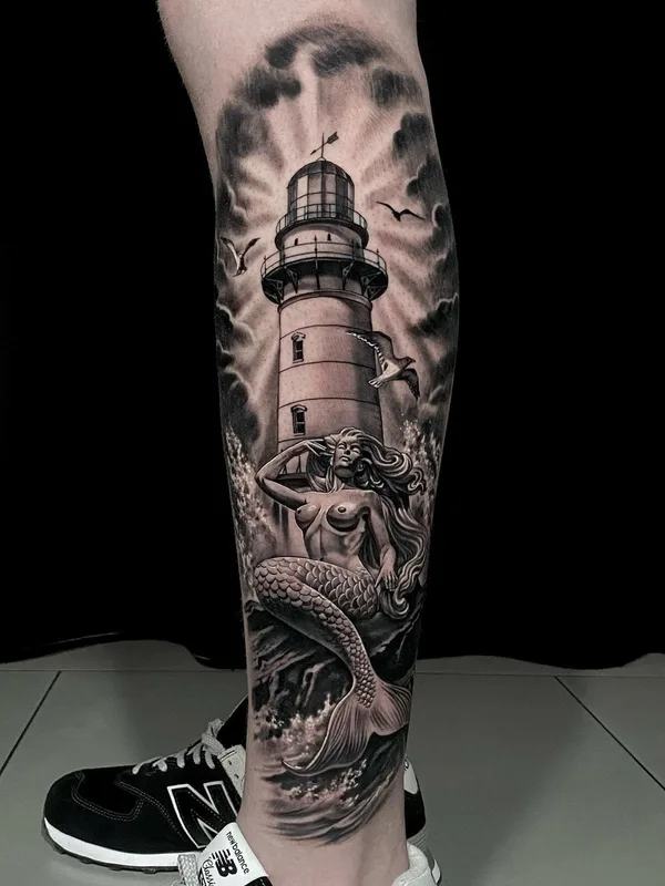 black and grey realism татуировка на calf #63282 | Тату мастер Vladimir Shatsky
