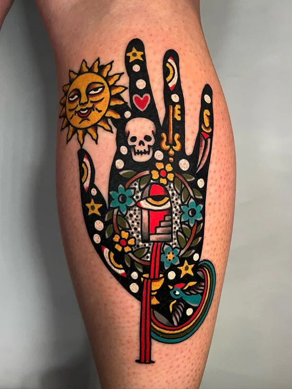 color traditional tattoo auf calf #63311 | Tätowierer Christopher Scott