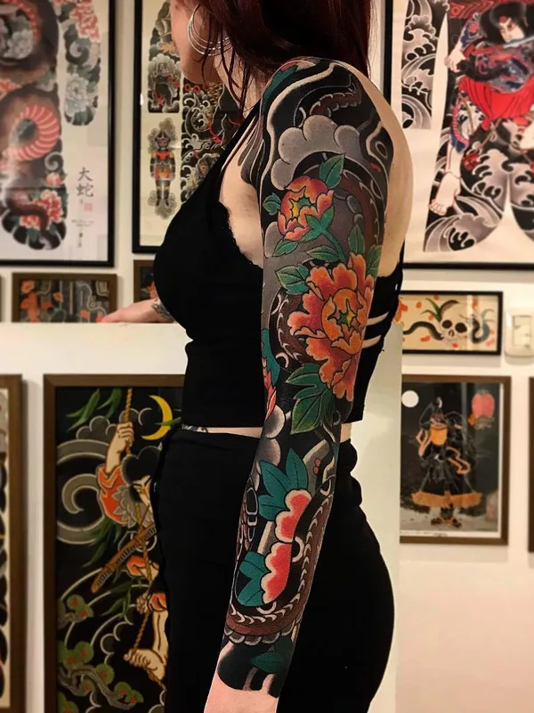female color japanese tatouage sur full sleeve #35360 | Artiste tatoueur Ian Det
