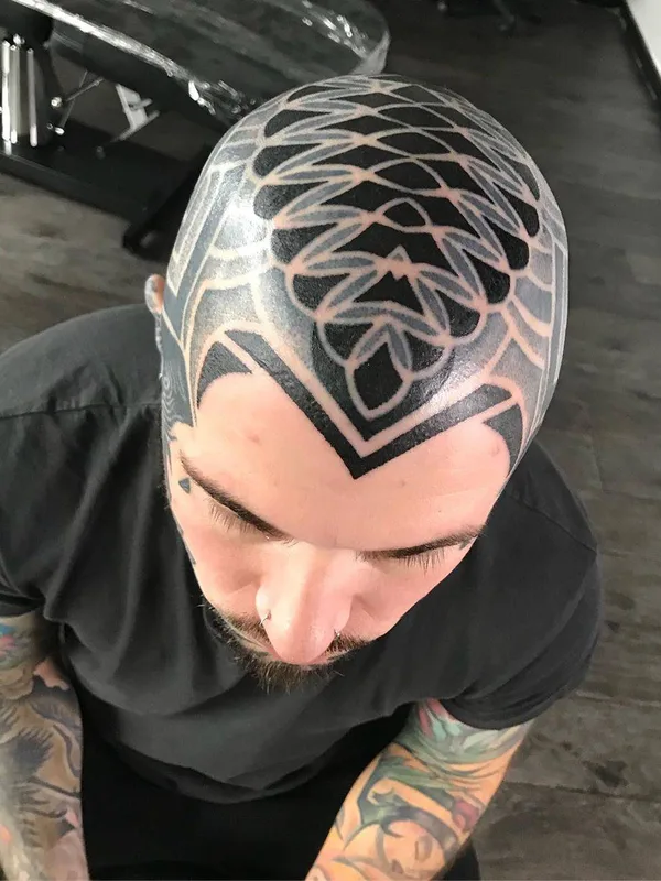 male black and grey geometric tattoo on head #29250 | Tattoo Artist Deryn Twelve