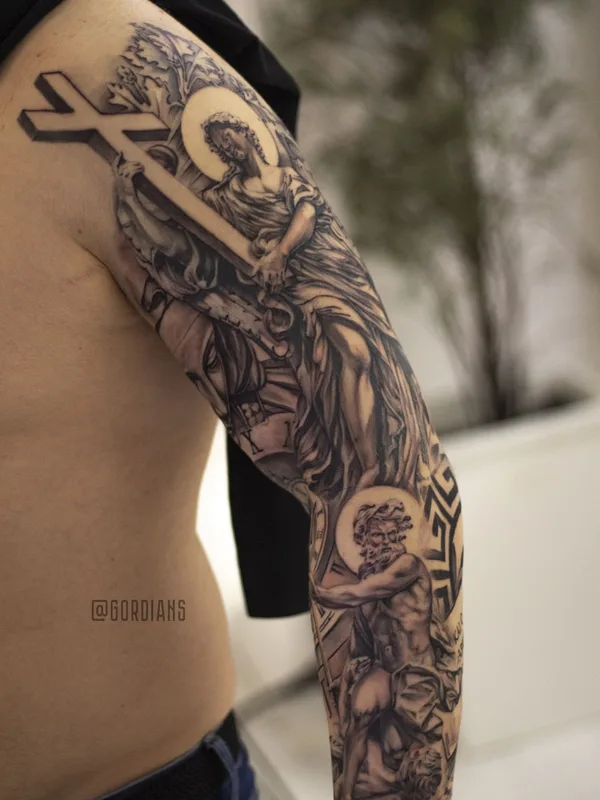 male black and grey realism татуировка на full sleeve #35751 | Тату мастер Artemy Gordian