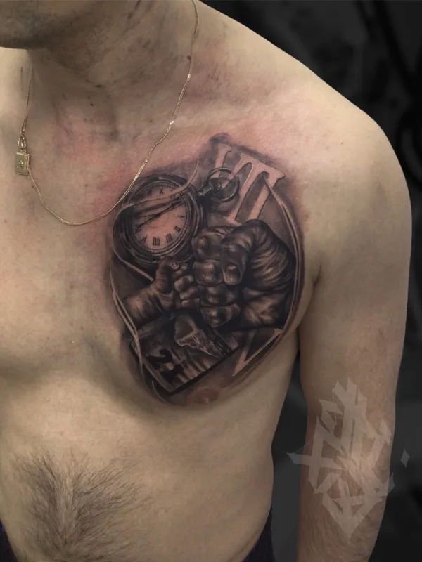 male black and grey black and grey Tatuagem em chest #39302 | Tatuador Alexey Sviridenko