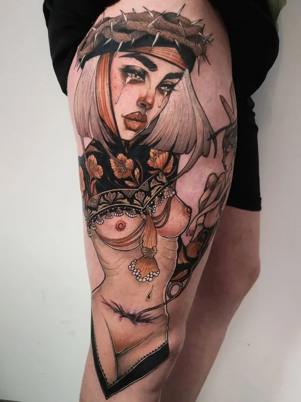 female color neo traditional Tatuaggio su thigh #35987 | Tatuatore Isabella Chiara Filouino