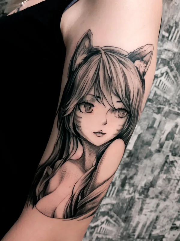 female black and grey anime Tatuagem em upper arm #55188 | Tatuador Oleg Tort