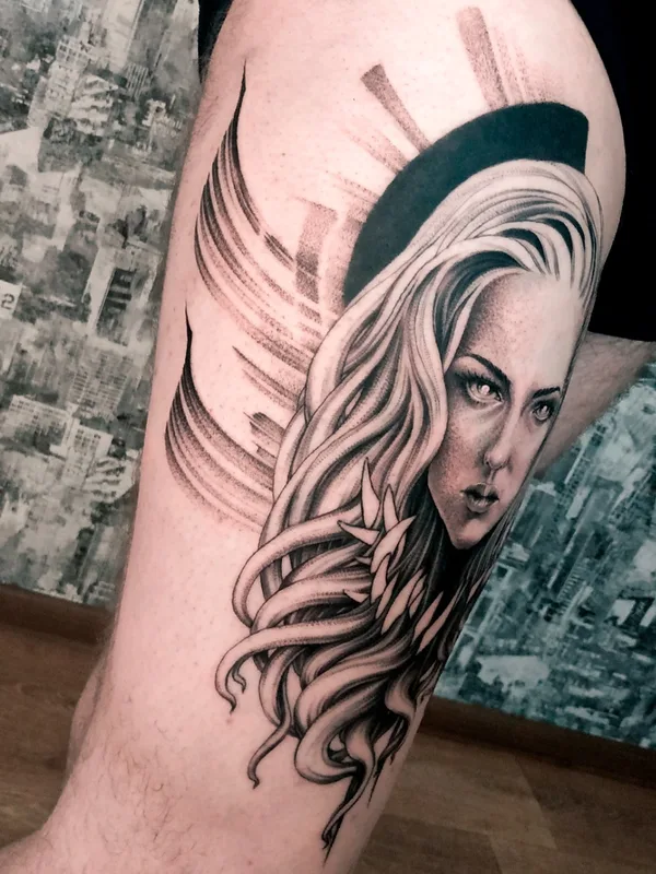 black and grey realism Tatuagem em thigh #55191 | Tatuador Oleg Tort