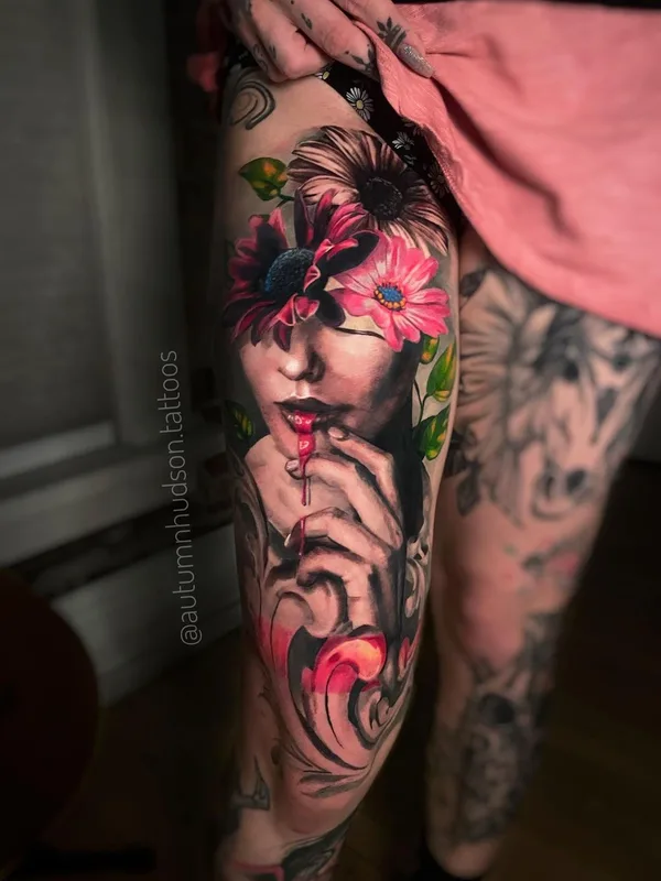 female color realism tattoo on thigh #55714 | Tattoo Artist Autumn Hudson