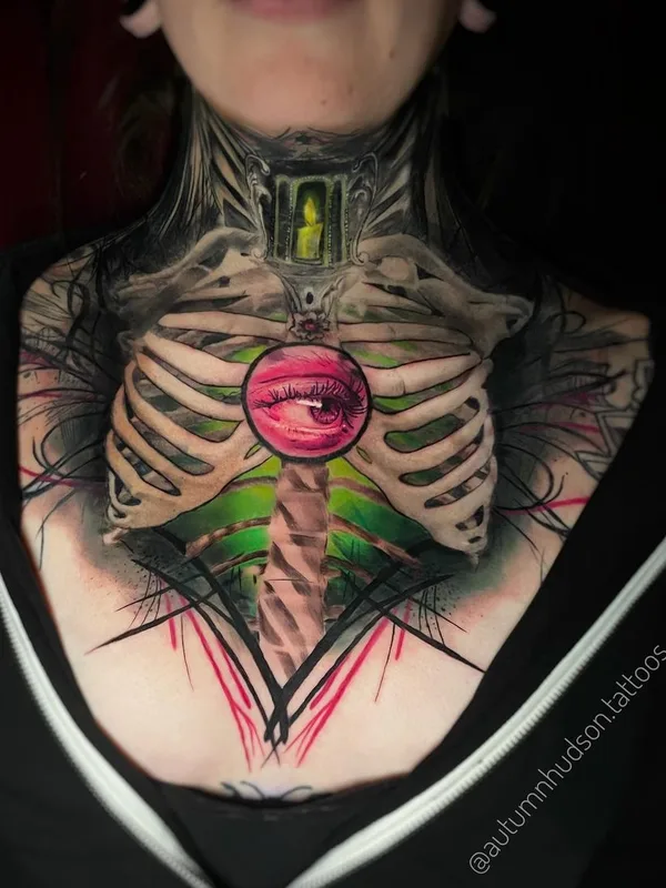 female color biomechanical tattoo on chest #55715 | Tattoo Artist Autumn Hudson